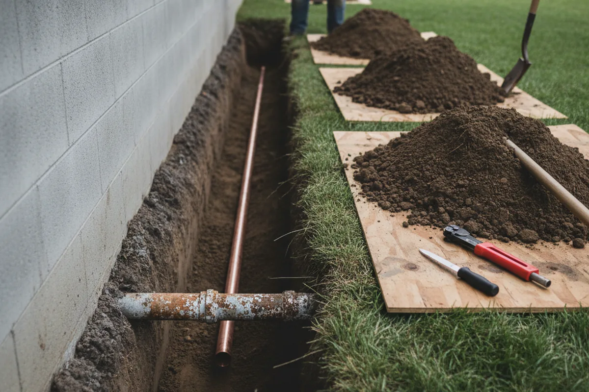 Excavated water line trench during Water Softener Installation in Addison